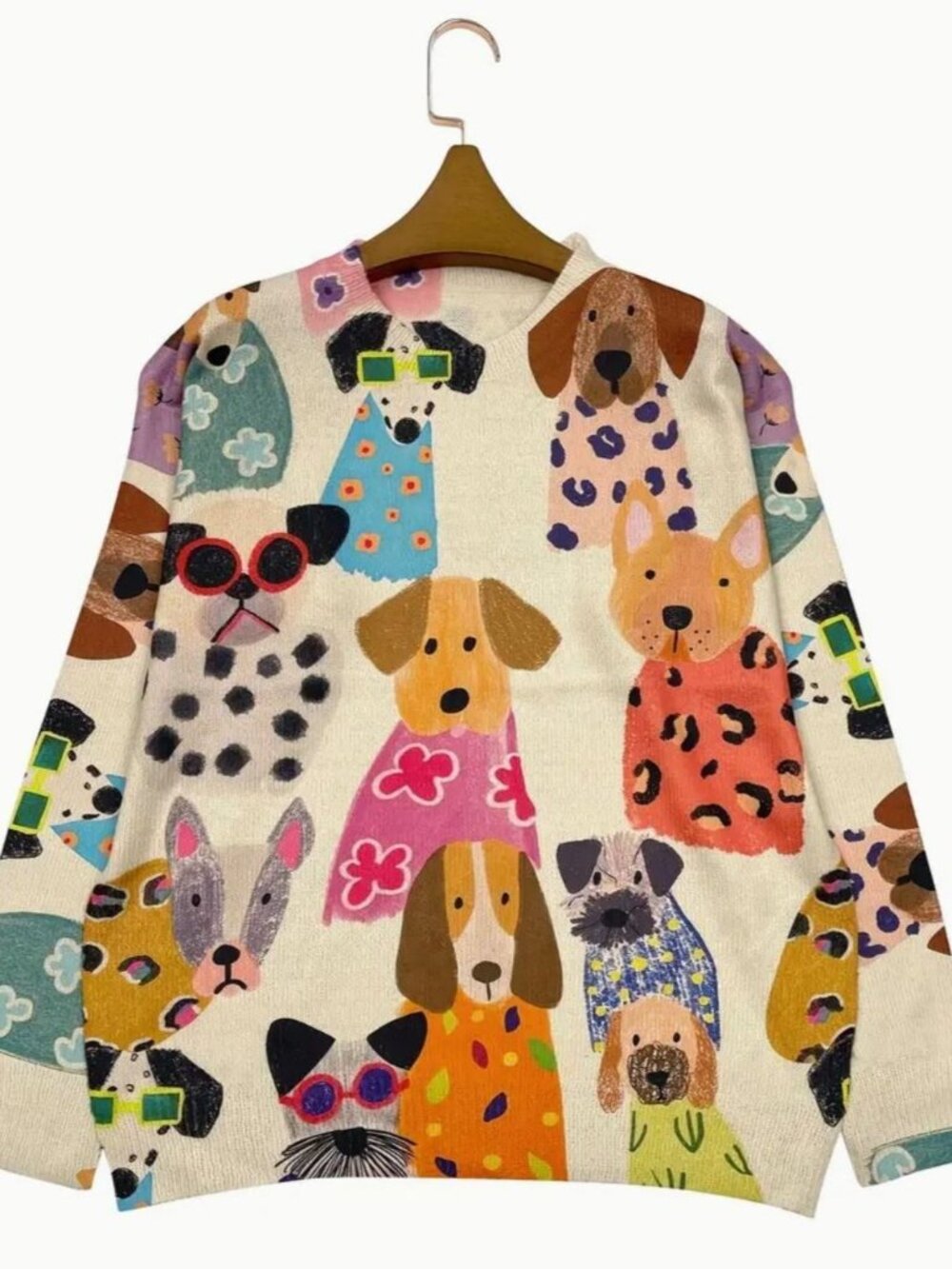 NEW Adorable Ivory Abstract Dog Art Print Sweater Sizes S, L